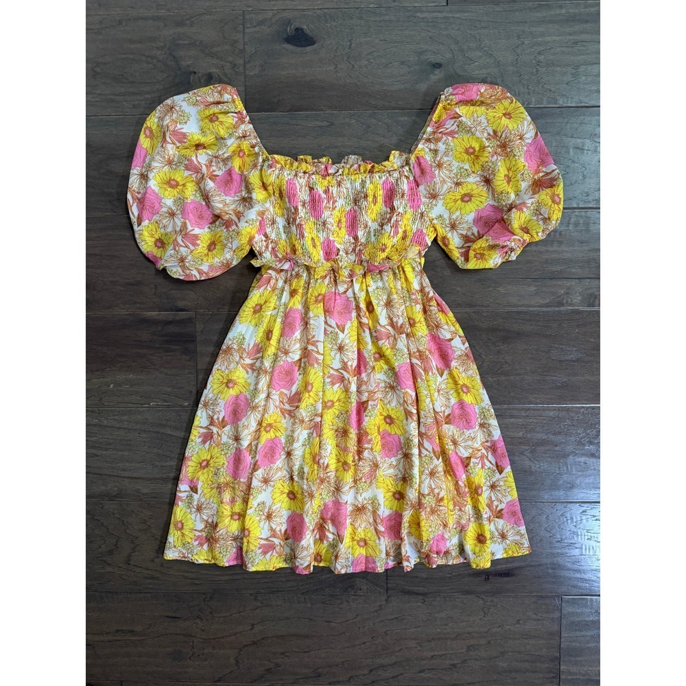 Flying Tomato Yellow Pink Floral Smocked Puff Sleeve Mini Dress ID18717 Medium - Picture 4 of 6